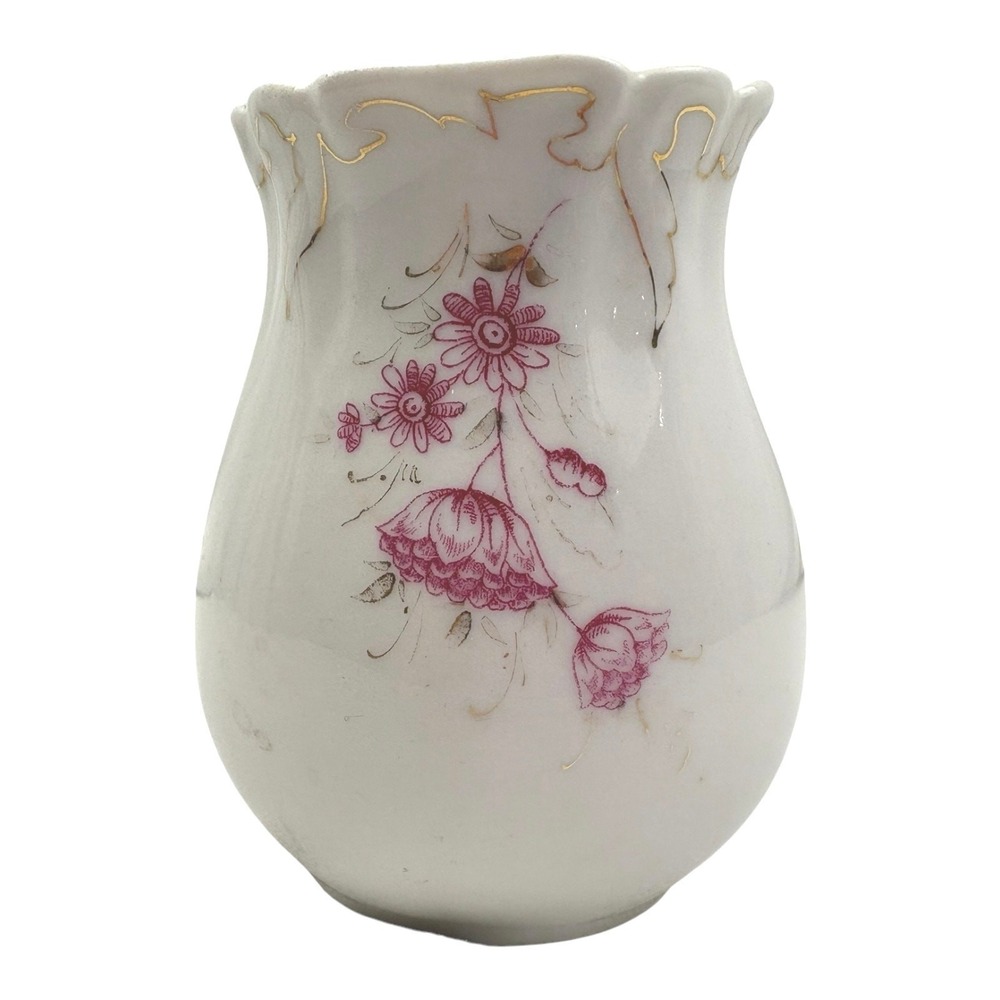 Vintage Porcelain Floral Vase  4" Tall, Scalloped Rim, Gold Trim, Elegant Design